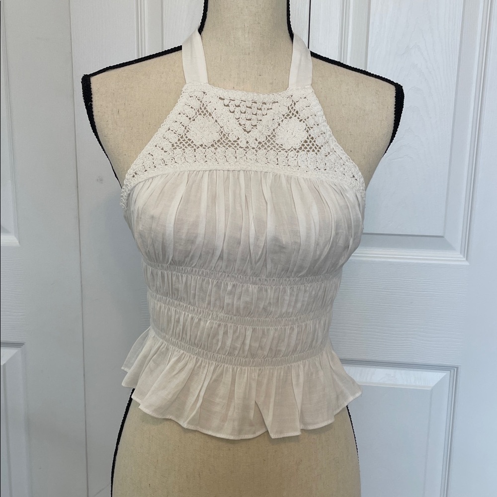 NWT MUSTARD SEED WHITE RUFFLE TWO PIECE HALTER HIGH WAIST SHORT SET. SIZE SMALL